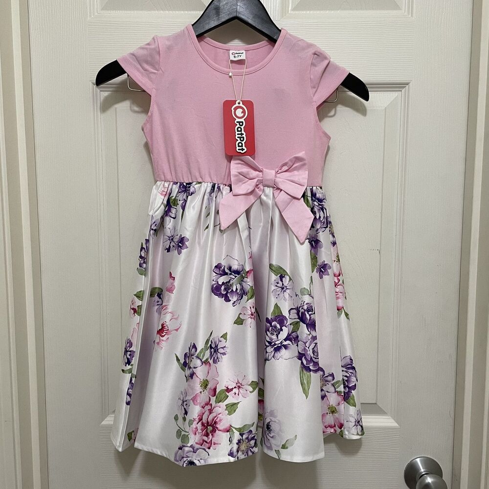 Patpat Girls Size 6-7y Short Sleeve Dress Easter Spring Bow Pink Purple Flowers